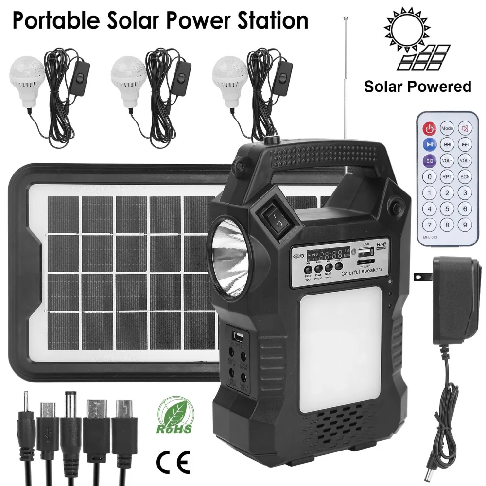 Portable solar power station kit featuring solar panel, USB ports, LED lights with switches, remote control, and charging accessories for eco-friendly energy solutions.