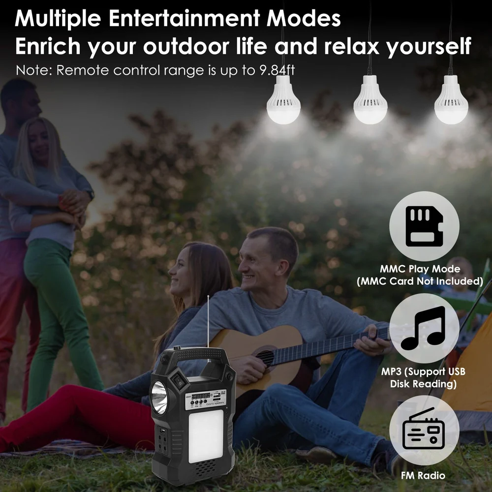 Portable outdoor entertainment speaker with LED light, featuring multiple modes including MMC play, MP3 support, and FM radio, ideal for camping or backyard gatherings.