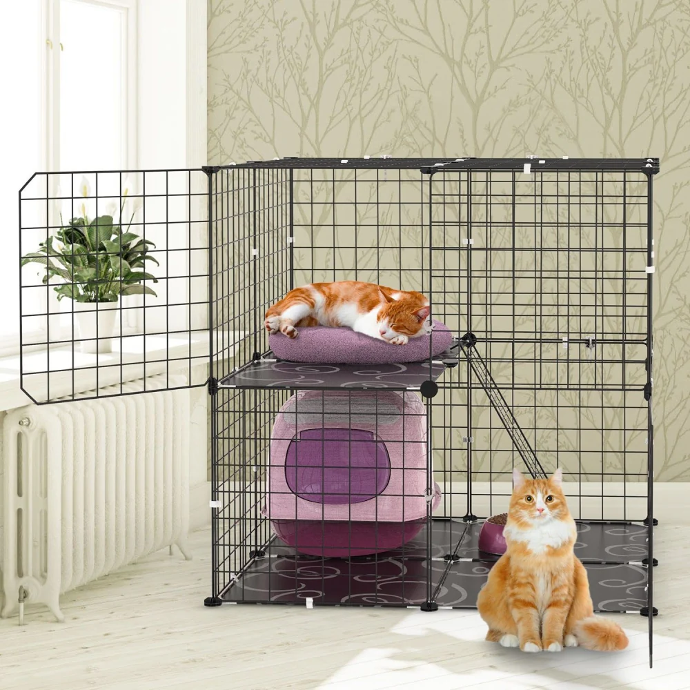 Two orange tabby cats, one sleeping on a purple cushion and the other sitting in front of a cozy pink cat house, inside a spacious black wire cat enclosure with a plant by a sunny window.