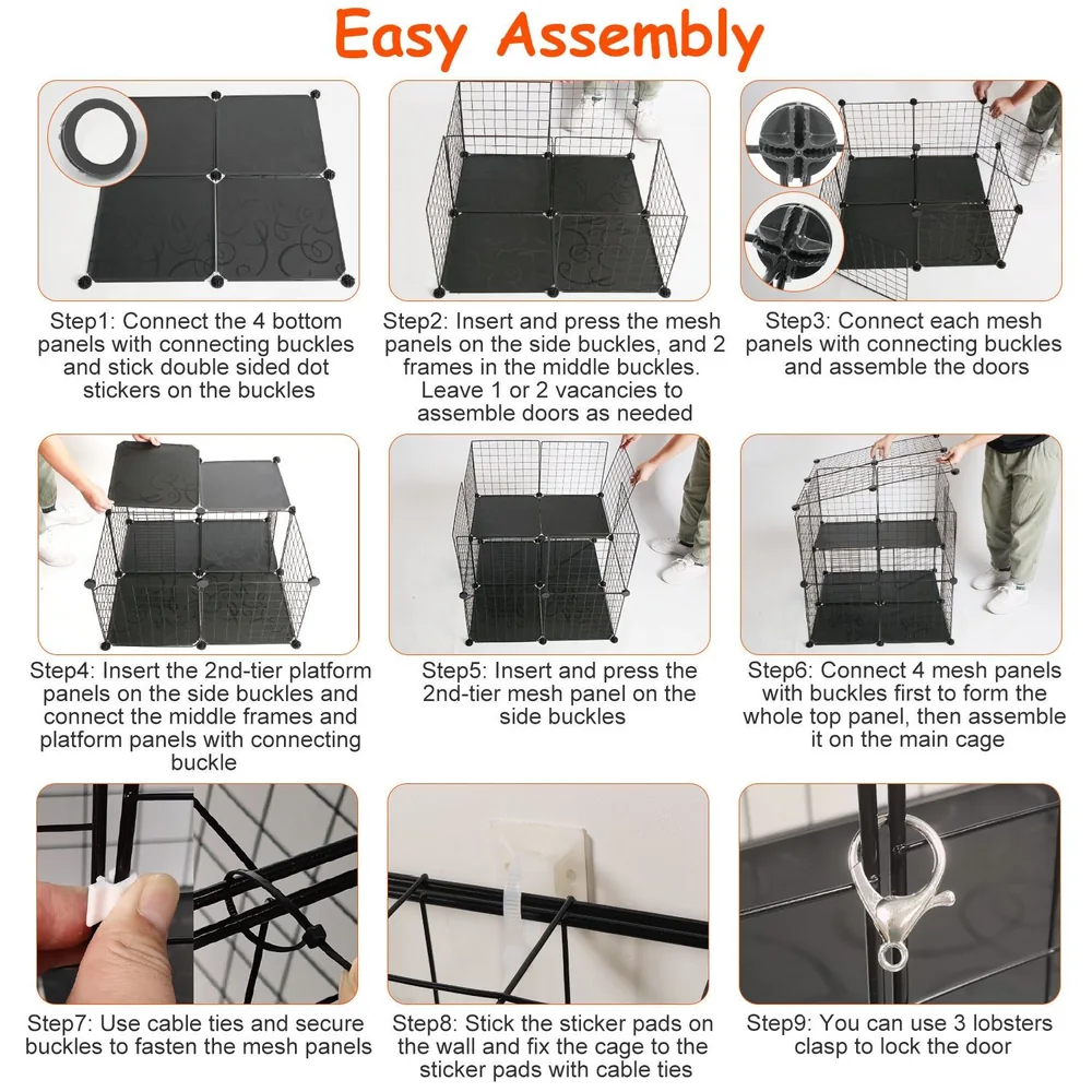 Step-by-step assembly guide for a black wire pet enclosure, featuring visual instructions and clear labeling of each step for easy setup.