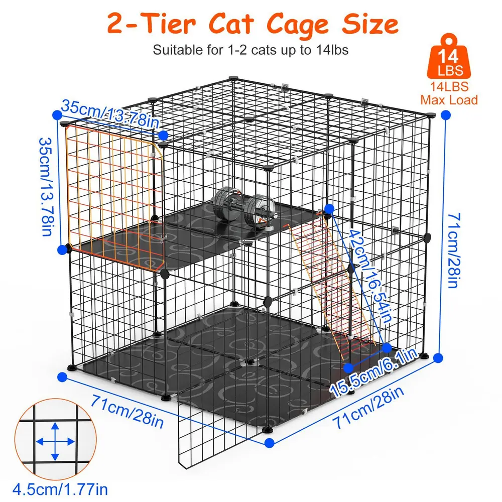 2-tier cat cage dimensions and features illustration, suitable for 1-2 cats up to 14 lbs, highlighting spacious design with measurements in centimeters and inches.