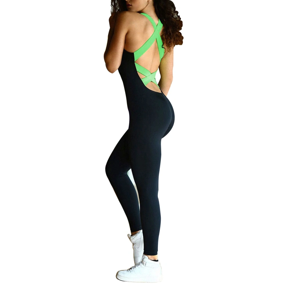 Elegant black and green athletic jumpsuit featuring a stylish crisscross back design, perfect for workouts and casual wear, modeled by a woman with curly hair and white sneakers.
