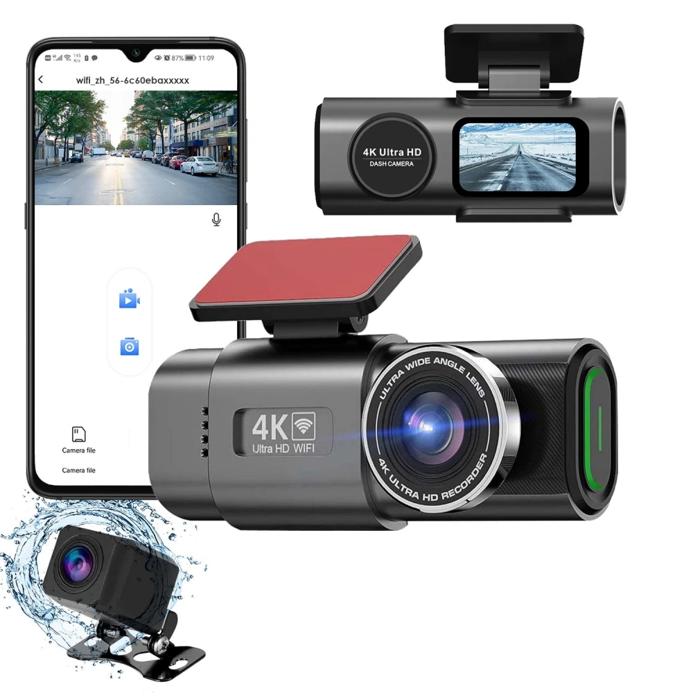 4K Ultra HD dash camera with WiFi connectivity, featuring ultra wide angle lens and smartphone app interface for easy access and control.
