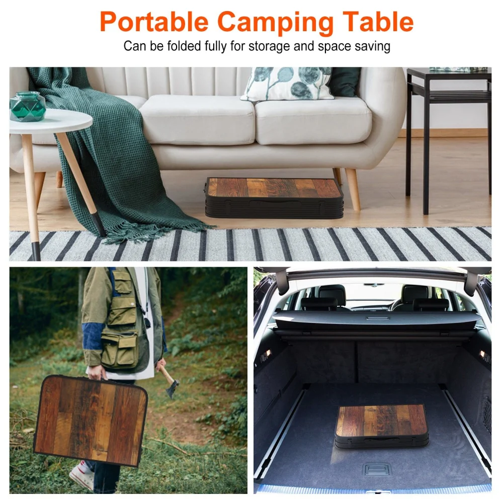 Portable camping table shown in various settings: folded and stored under a sofa, carried by a person in the woods, and placed in the trunk of a car, emphasizing its space-saving design and versatility.