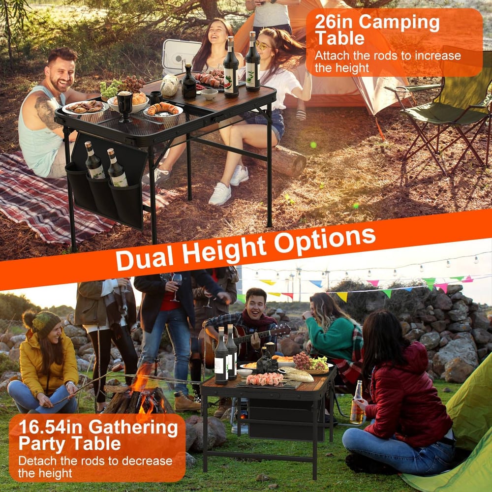 Versatile dual-height camping and gathering table, featuring a 26-inch height option for outdoor dining and a 16.54-inch height for casual gatherings, equipped with side storage pockets and set against a vibrant social setting.