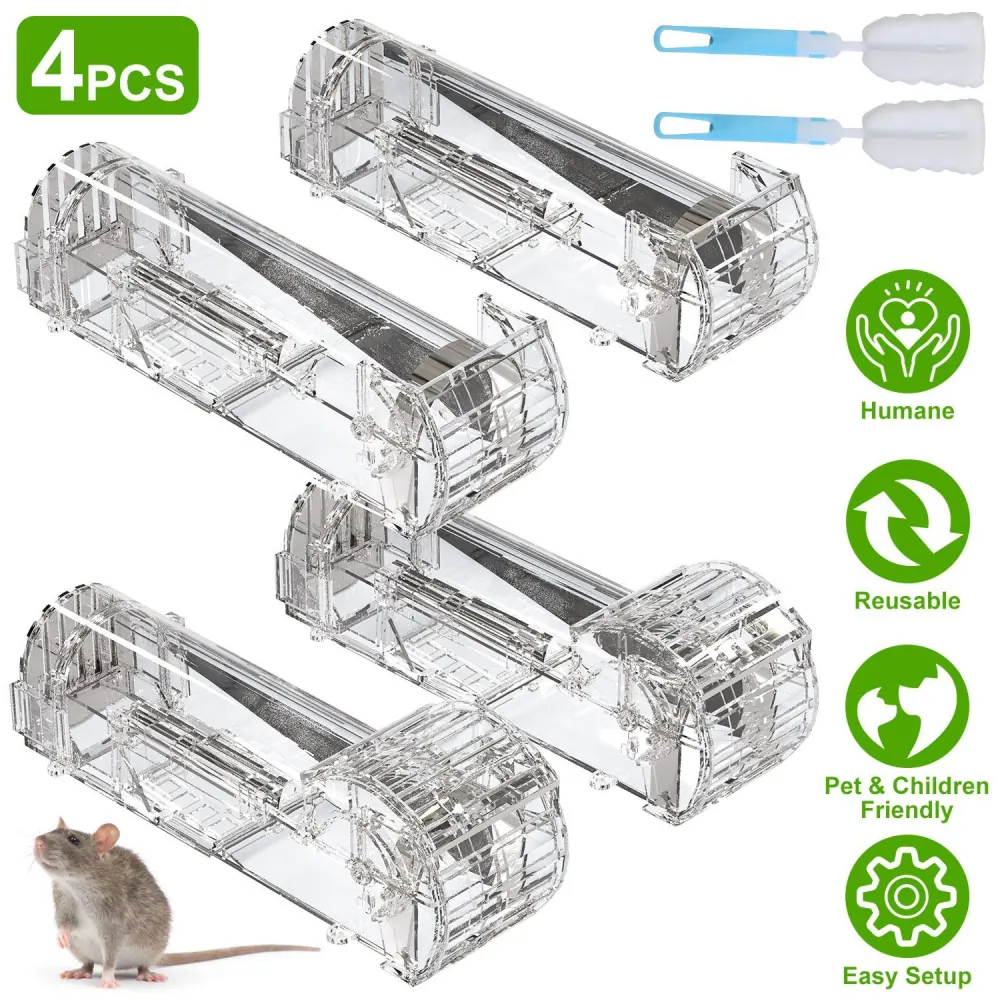 Four humane, reusable mouse traps in a transparent design with two cleaning brushes included, featuring icons that indicate pet and child-friendly use, easy setup, and environmental friendliness, with a small mouse image for scale.