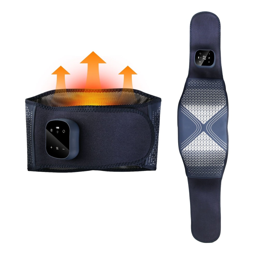 Electric heating belt with adjustable temperature control, designed for pain relief and muscle relaxation, featuring a sleek, comfortable design and breathable mesh fabric.