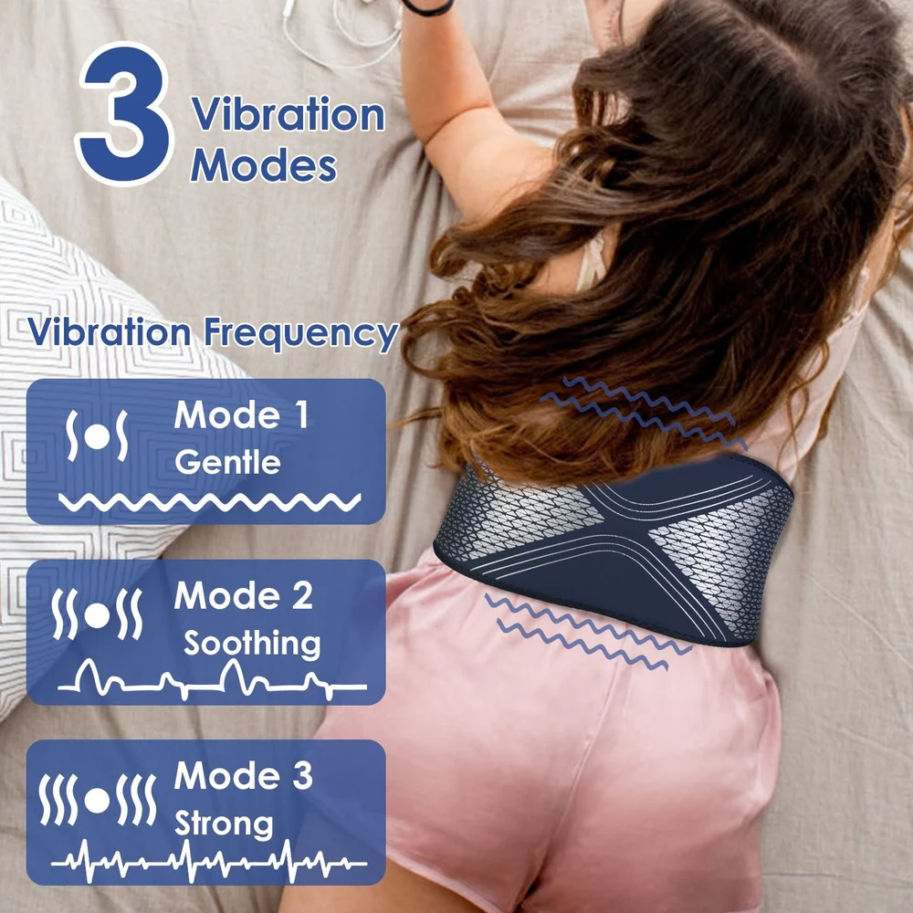 Image of a woman lying down, showcasing a vibrating massage belt with three vibration modes: gentle, soothing, and strong, displayed on a light background for easy visibility.