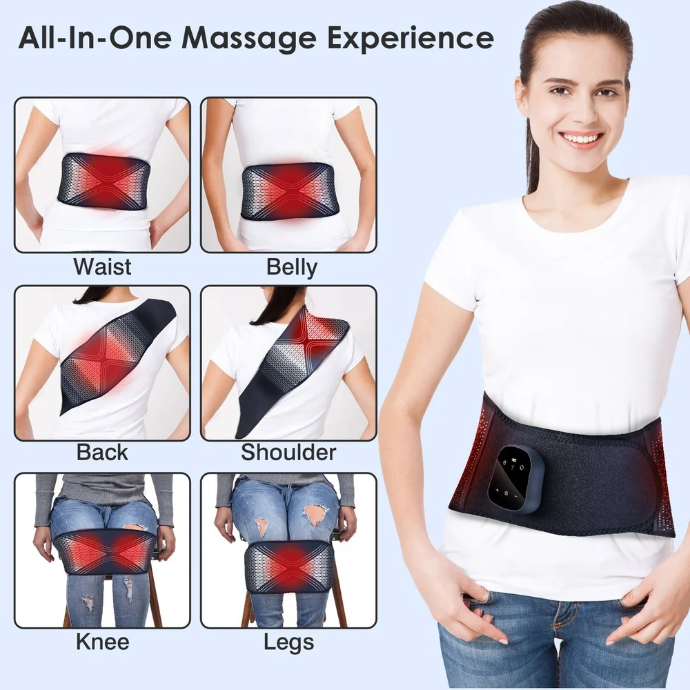 All-in-one heated massage device for waist, belly, back, shoulder, knee, and legs, featuring an ergonomic design and adjustable settings for comprehensive relaxation.