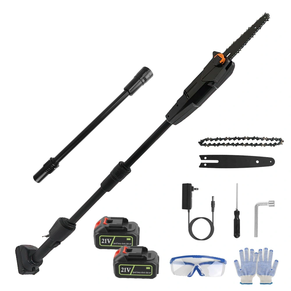 Cordless electric pole saw kit featuring a telescoping pole, battery pack, safety goggles, gloves, tools, and replacement chain, ideal for tree trimming and yard maintenance.