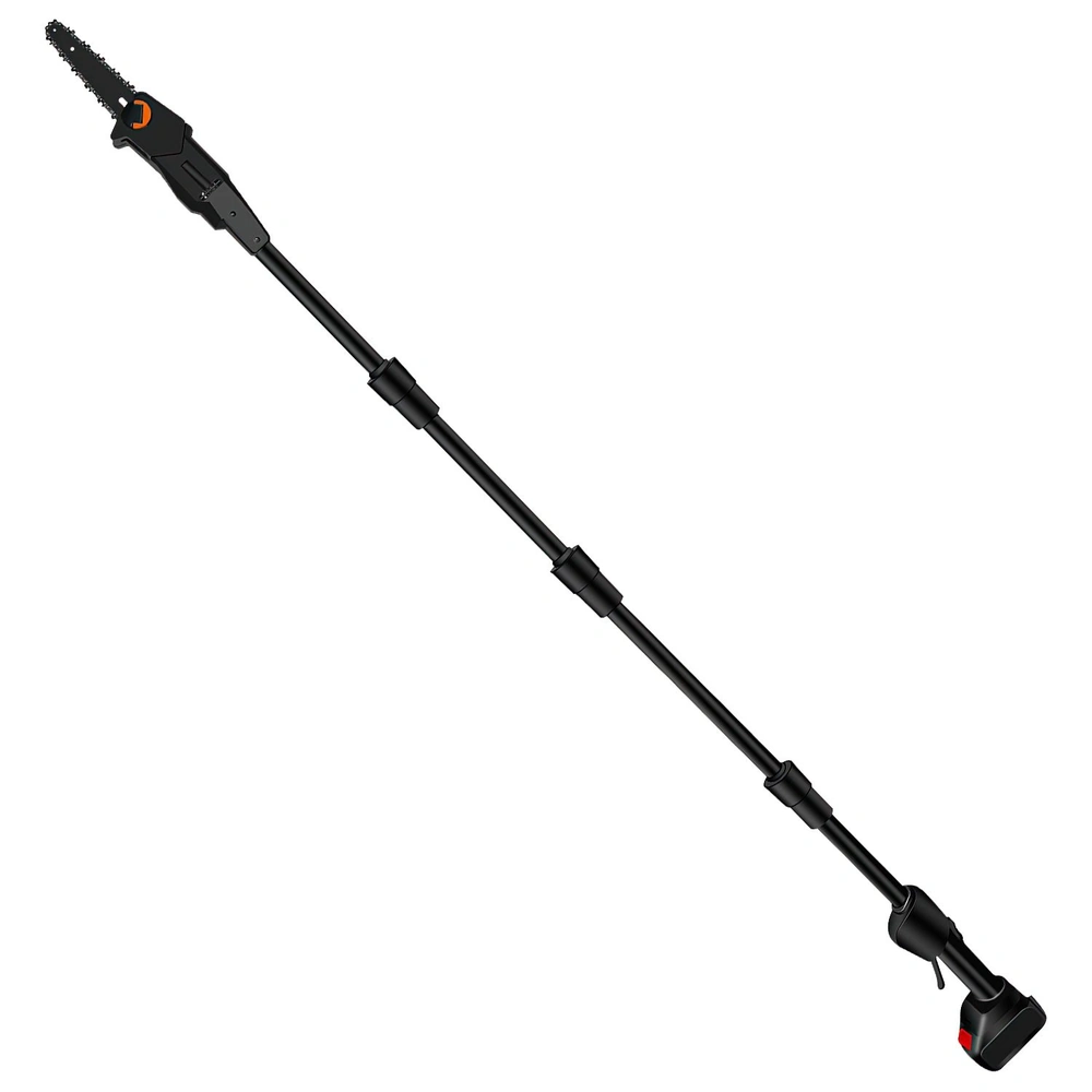 Telescoping electric pole saw with a black and orange design, ideal for high tree trimming and cutting branches safely from the ground.