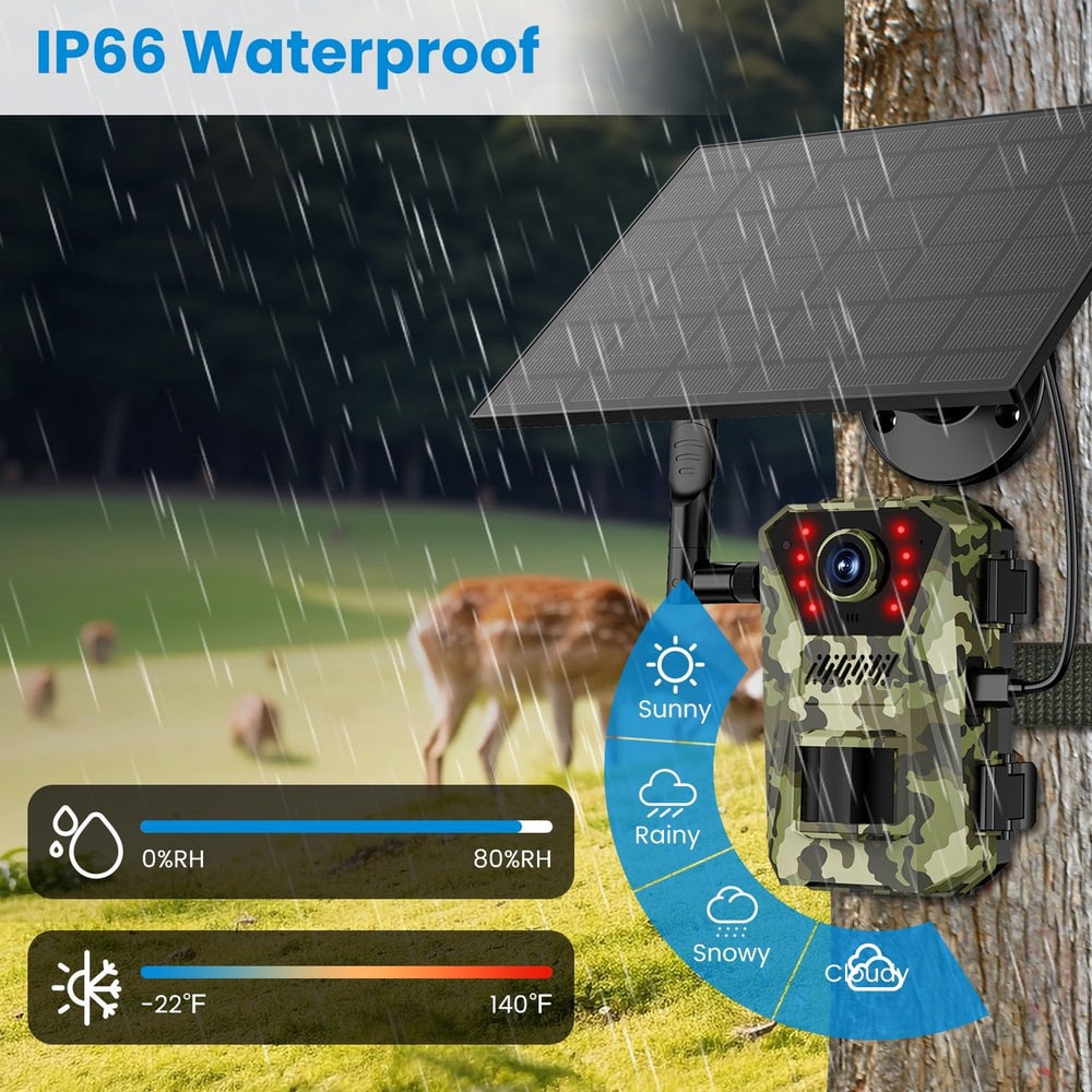 IP66 waterproof solar-powered wildlife camera with camouflage design, displayed in rainy conditions with deer in the background, featuring temperature and humidity indicators.