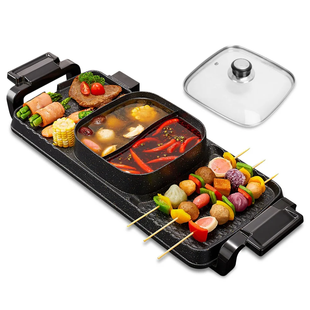 Multifunctional electric grill and hot pot with two compartments for boiling, featuring a variety of colorful skewers, fresh vegetables, and meat, ideal for outdoor cooking and gatherings.