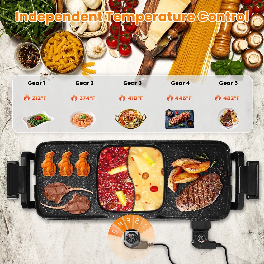 Electric griddle with independent temperature control showcasing various cooked foods, including chicken wings, beef, noodles, and vegetables, with temperature settings from 212°F to 482°F displayed above.