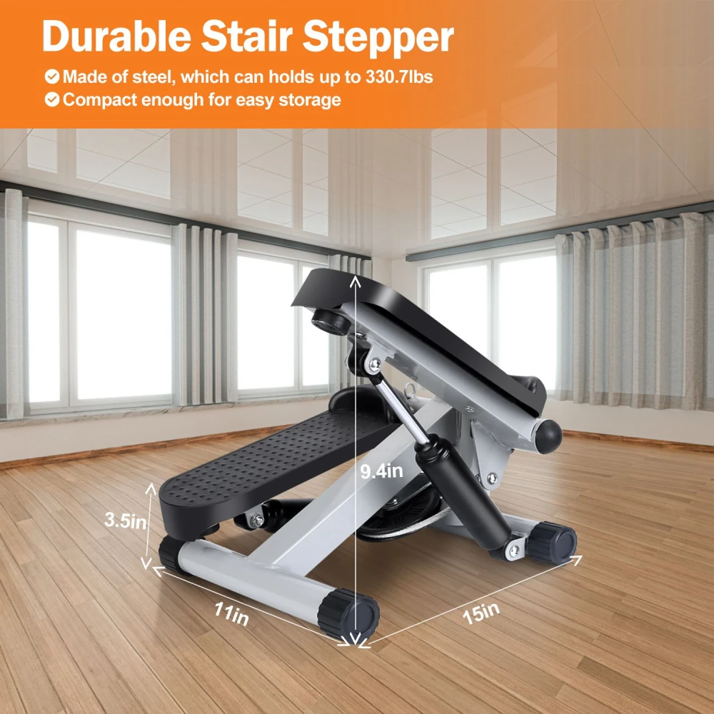 Durable steel stair stepper designed for home workouts, supports up to 330.7 lbs, compact for easy storage, dimensions shown for size reference.