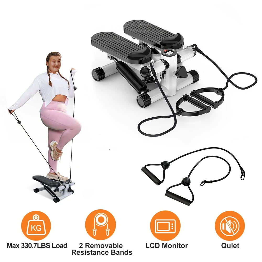 A woman using a compact stepper machine with resistance bands for a full-body workout, featuring an LCD monitor and a maximum load capacity of 330.7 lbs, showcasing its quiet operation and versatility for home fitness.