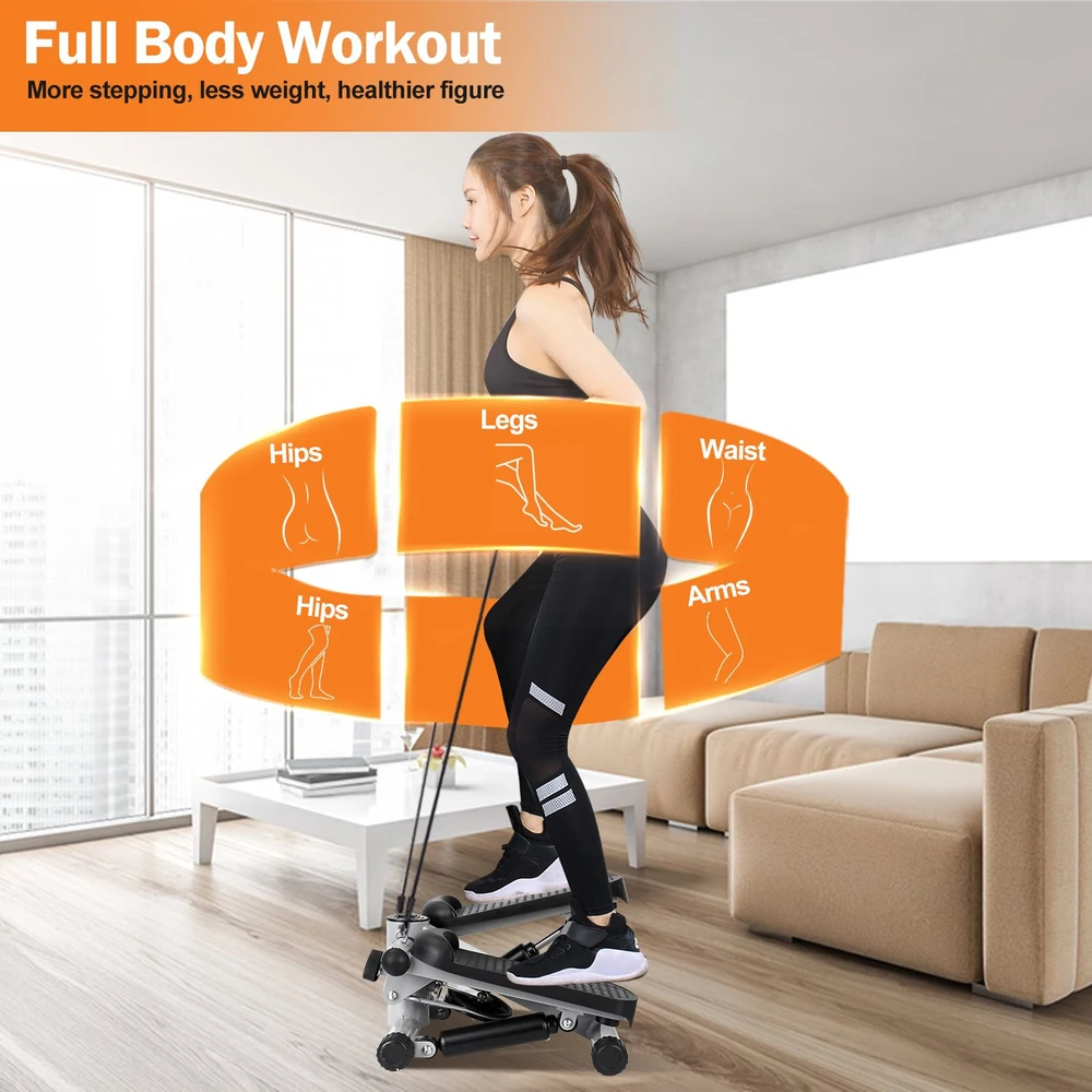 Full body workout machine with a woman exercising at home, targeting hips, legs, waist, and arms for weight loss and improved fitness in a modern living room setting.
