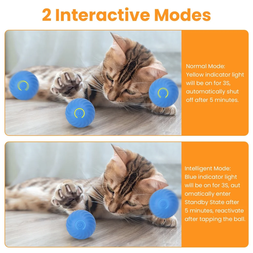 Interactive cat toy with blue balls, featuring a playful tabby cat engaged with the toys, showcasing two modes: Normal (yellow light) and Intelligent (blue light).