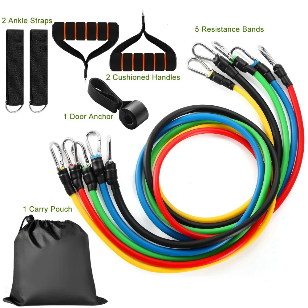 Resistance band set featuring five color-coded bands, two cushioned handles, two ankle straps, a door anchor, and a carry pouch, ideal for home workouts and fitness training.