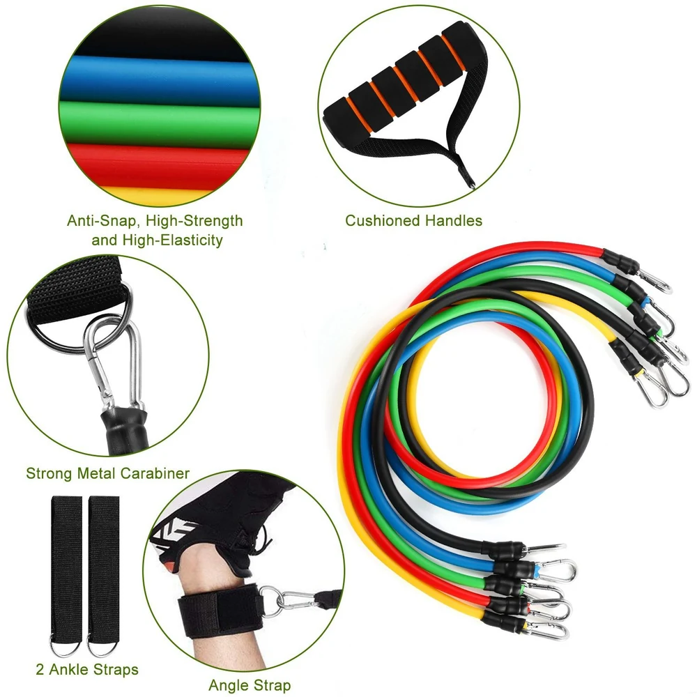 Colorful resistance bands set with cushioned handles, strong metal carabiners, and additional straps for enhanced workout versatility and durability.