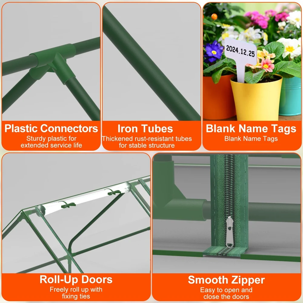 Product image highlighting features of a gardening tent, including sturdy plastic connectors, thick iron tubes for stability, blank name tags for plant labeling, roll-up doors for easy access, and a smooth zipper for convenient opening and closing.