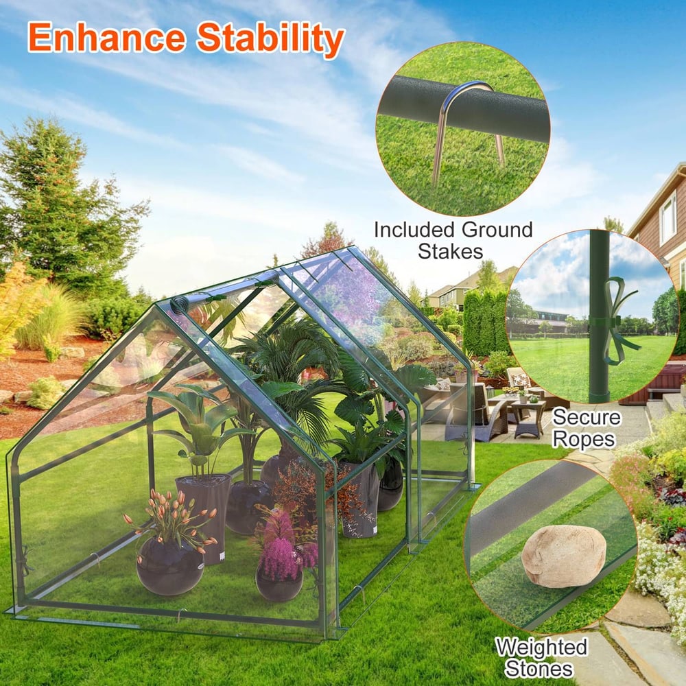 Greenhouse with potted plants, showcasing features like included ground stakes, secure ropes, and weighted stones for enhanced stability in a garden setting.