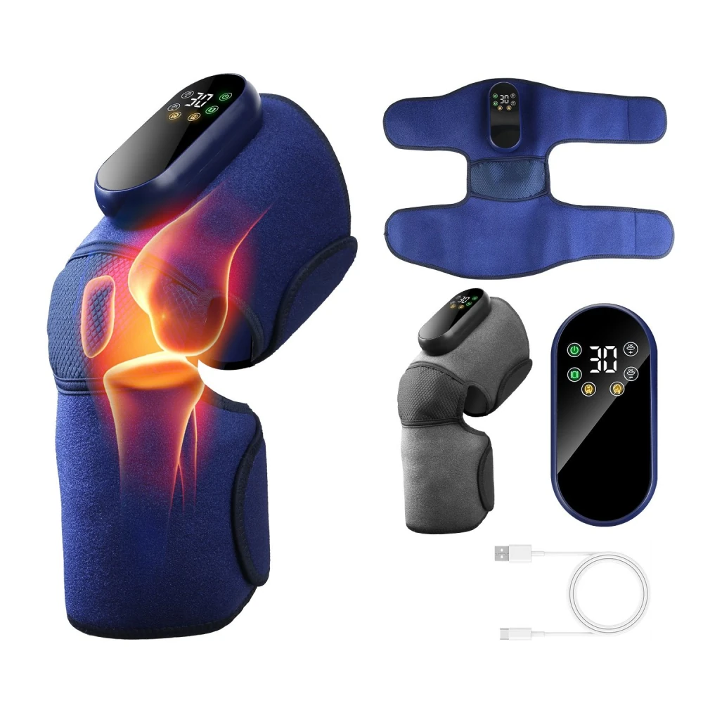 Electric heated knee brace with adjustable straps, LED display, and USB charging, providing pain relief and heat therapy for joint support.