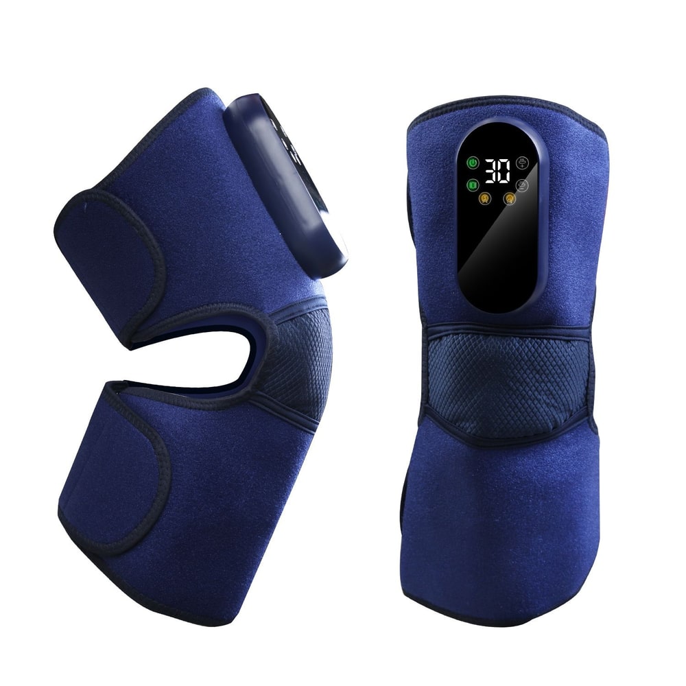 Navy blue heated knee brace with ergonomic design and digital temperature control display on the side, ideal for relieving joint pain and enhancing mobility.