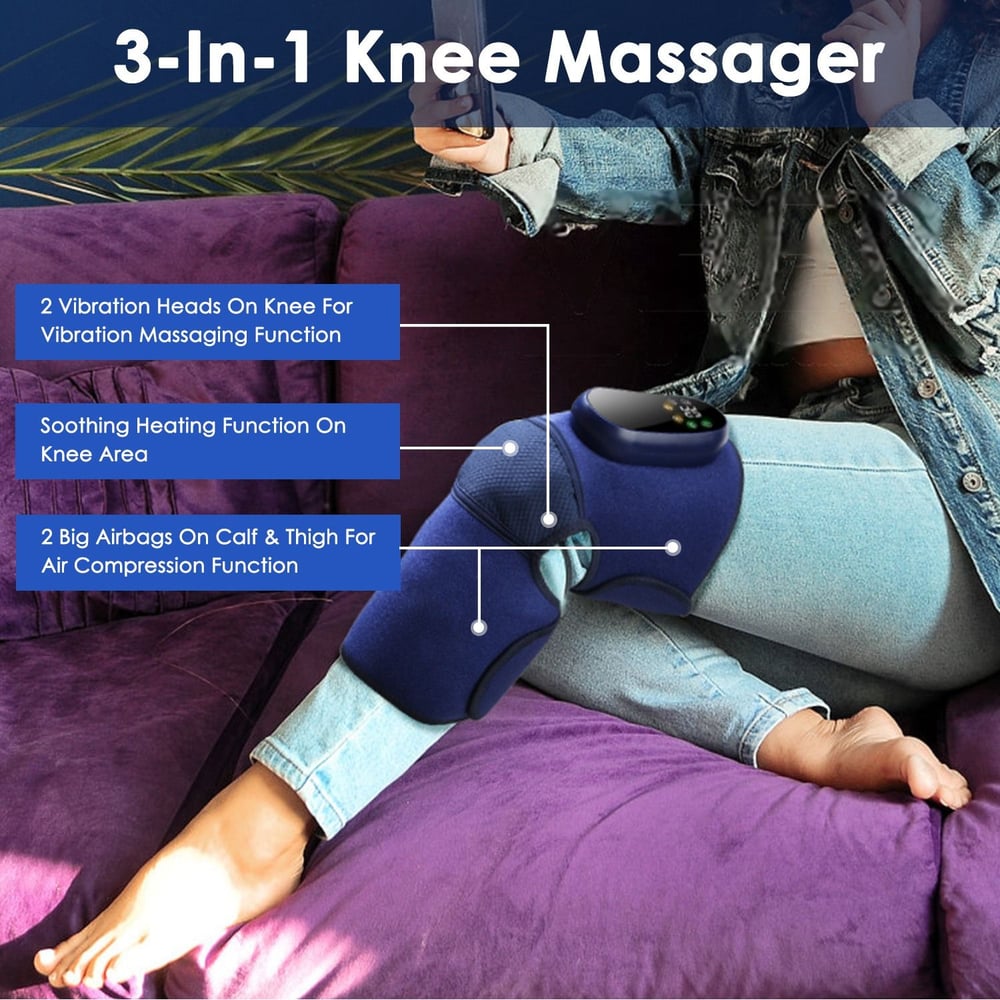 3-in-1 knee massager with vibration, heating, and air compression features, shown in use on a person's leg while sitting on a couch.