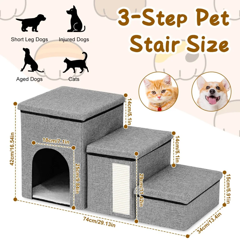 3-step pet stair designed for small or injured dogs and cats, featuring a cozy hideaway, soft fabric, and dimensions labeled for easy understanding.