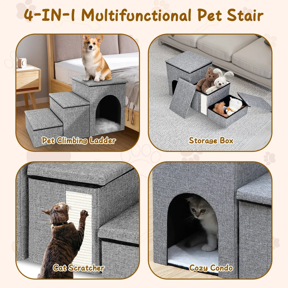 4-in-1 multifunctional pet stair featuring a pet climbing ladder, cozy condo for cats, storage box for toys, and built-in cat scratcher, all in a stylish gray fabric design.