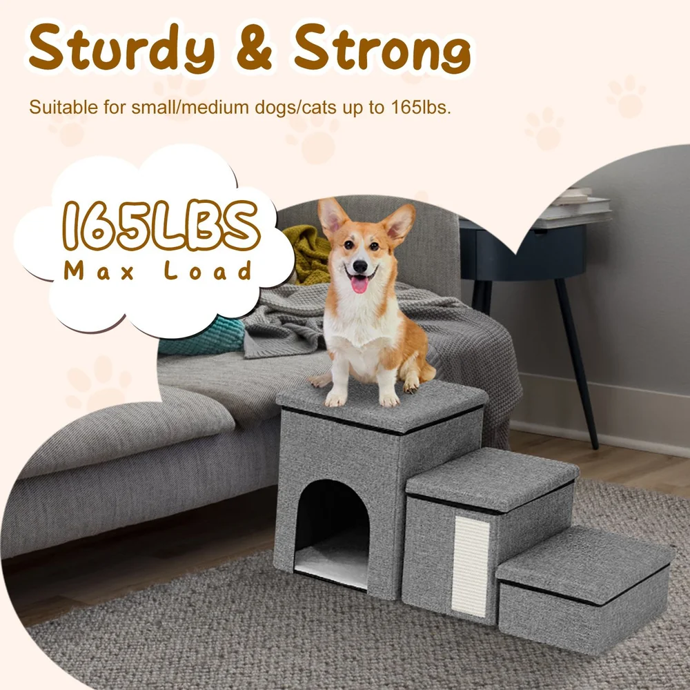 Sturdy pet stairs and hideaway for small to medium dogs and cats, supporting pets up to 165lbs, ideal for comfortable lounging and easy access to higher surfaces.