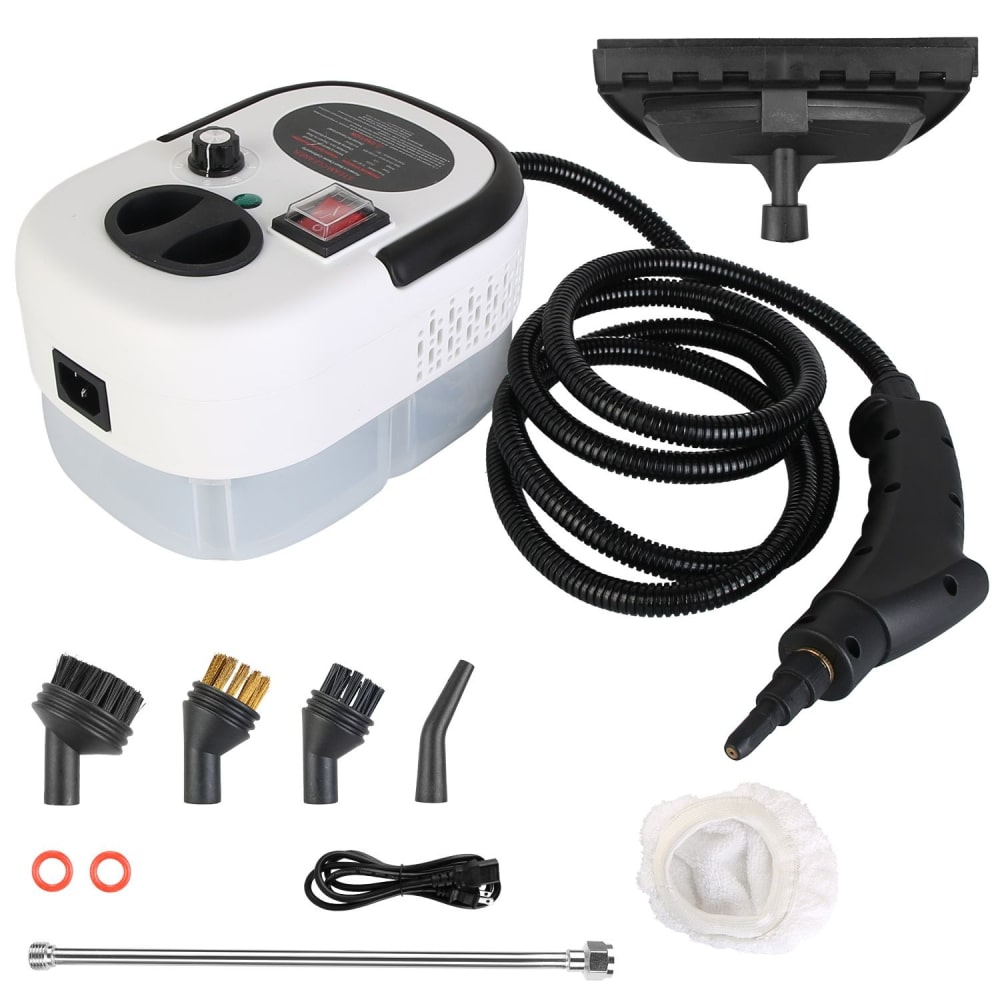High-efficiency steam cleaner kit with various brush attachments, a steam nozzle, and a durable design for effective home cleaning.