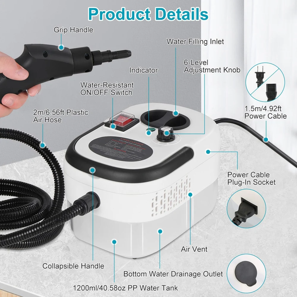 Product image highlighting a portable steam cleaner with a grip handle, water filling inlet, adjustable knob, and a 2m air hose, featuring a collapsible design and 1200ml water tank capacity for efficient cleaning.