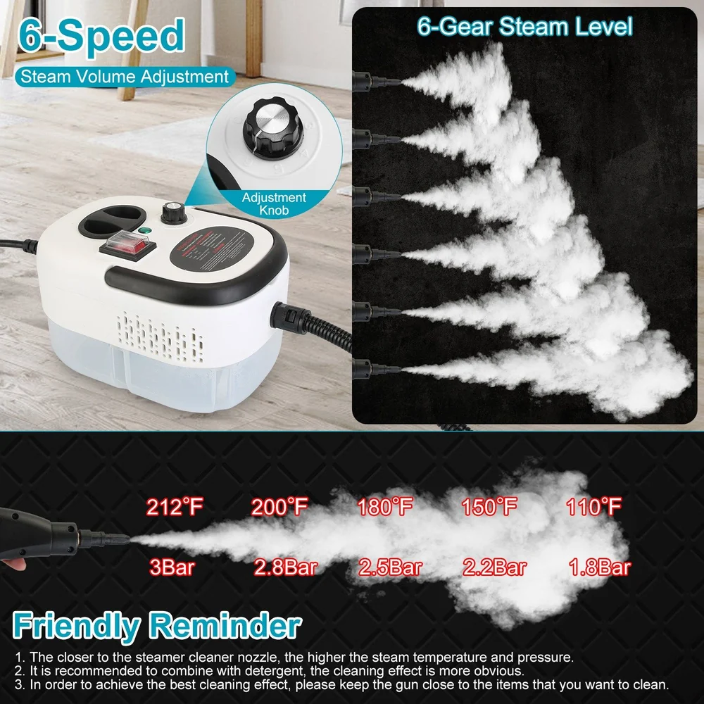 Steam cleaner with six adjustable steam levels, featuring an easy-to-use adjustment knob, designed for efficient deep cleaning and sanitization.