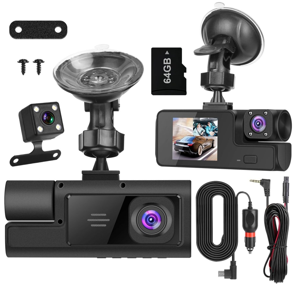 "Car dash cam kit featuring front and rear cameras, mounting accessories, a 64GB memory card, and power cables for secure vehicle recording."
