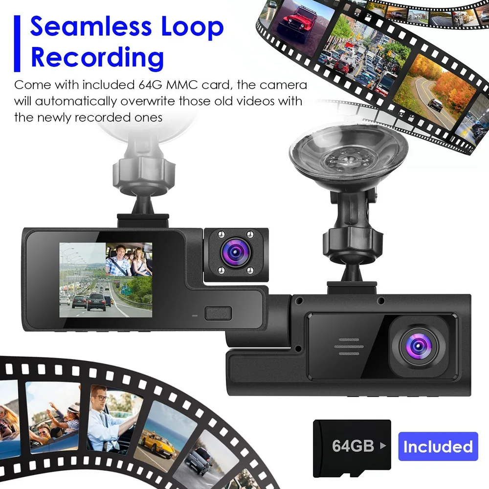 Car dashboard camera with built-in screen, featuring a 64GB MMC card for seamless loop recording, illustrating real-time video capture of the road and surrounding scenery.