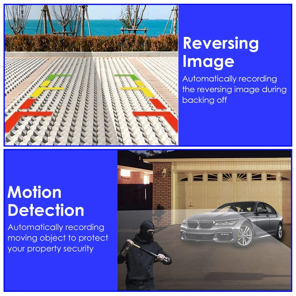 Product image showcasing a reversing camera with features like automatic reversing image recording and motion detection for enhanced property security.