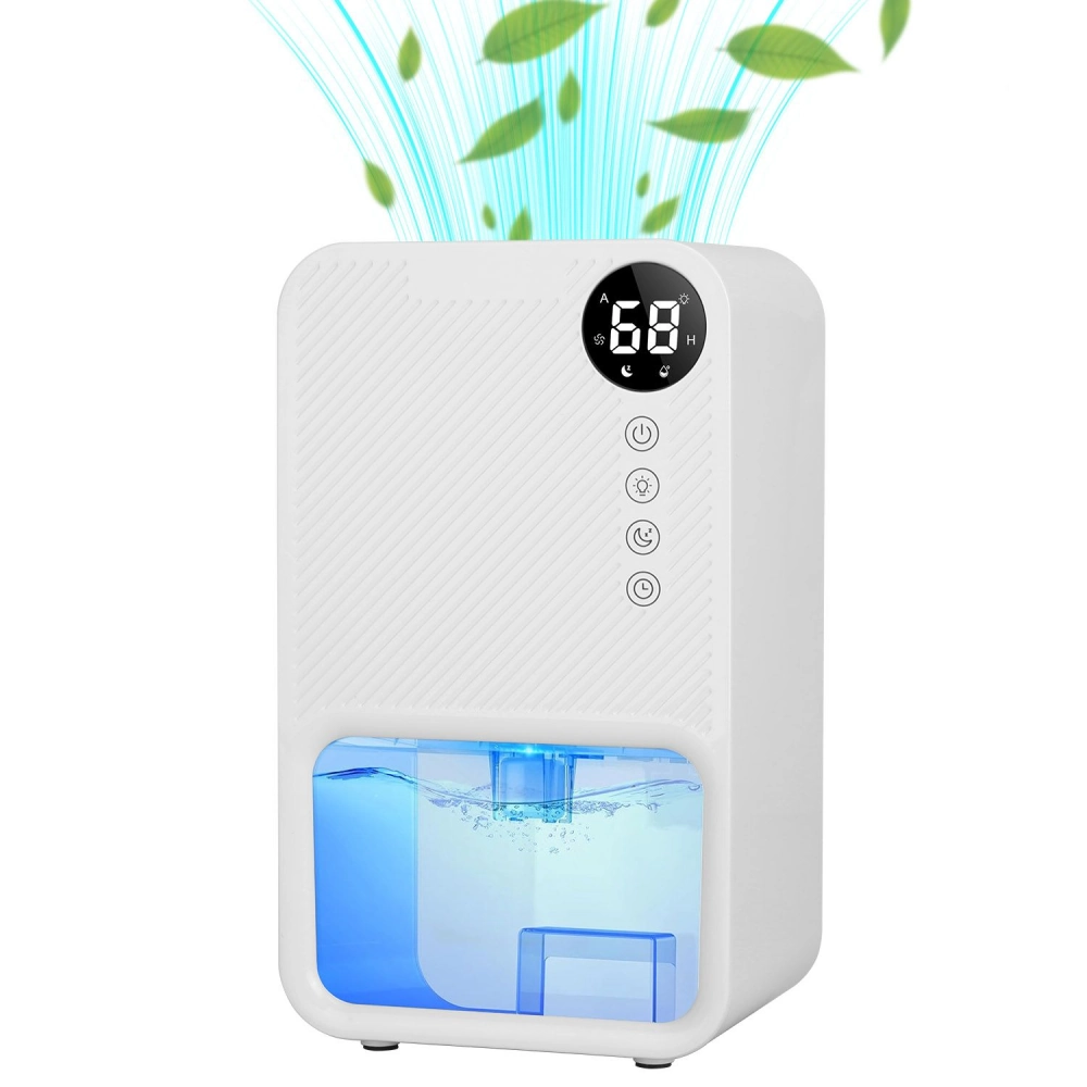 White ultrasonic humidifier with digital display, buttons, and blue water tank, emitting vapor and leaves to enhance indoor air quality.