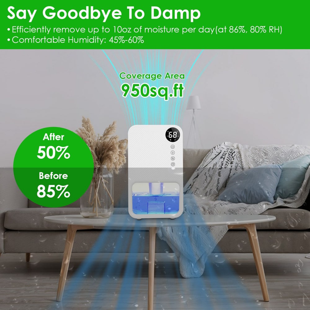 Compact dehumidifier on a living room table effectively reducing humidity, with digital display showing 68°F, moisture removal graphics, and a comfortable humidity range of 45%-60%.
