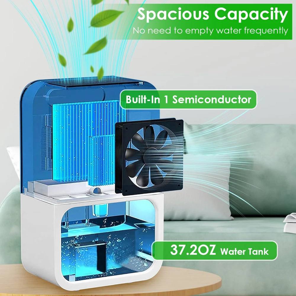 Image of a compact air cooler with a spacious 37.2 oz water tank, featuring a built-in semiconductor and blue cooling elements, designed for efficient air circulation and minimal maintenance.