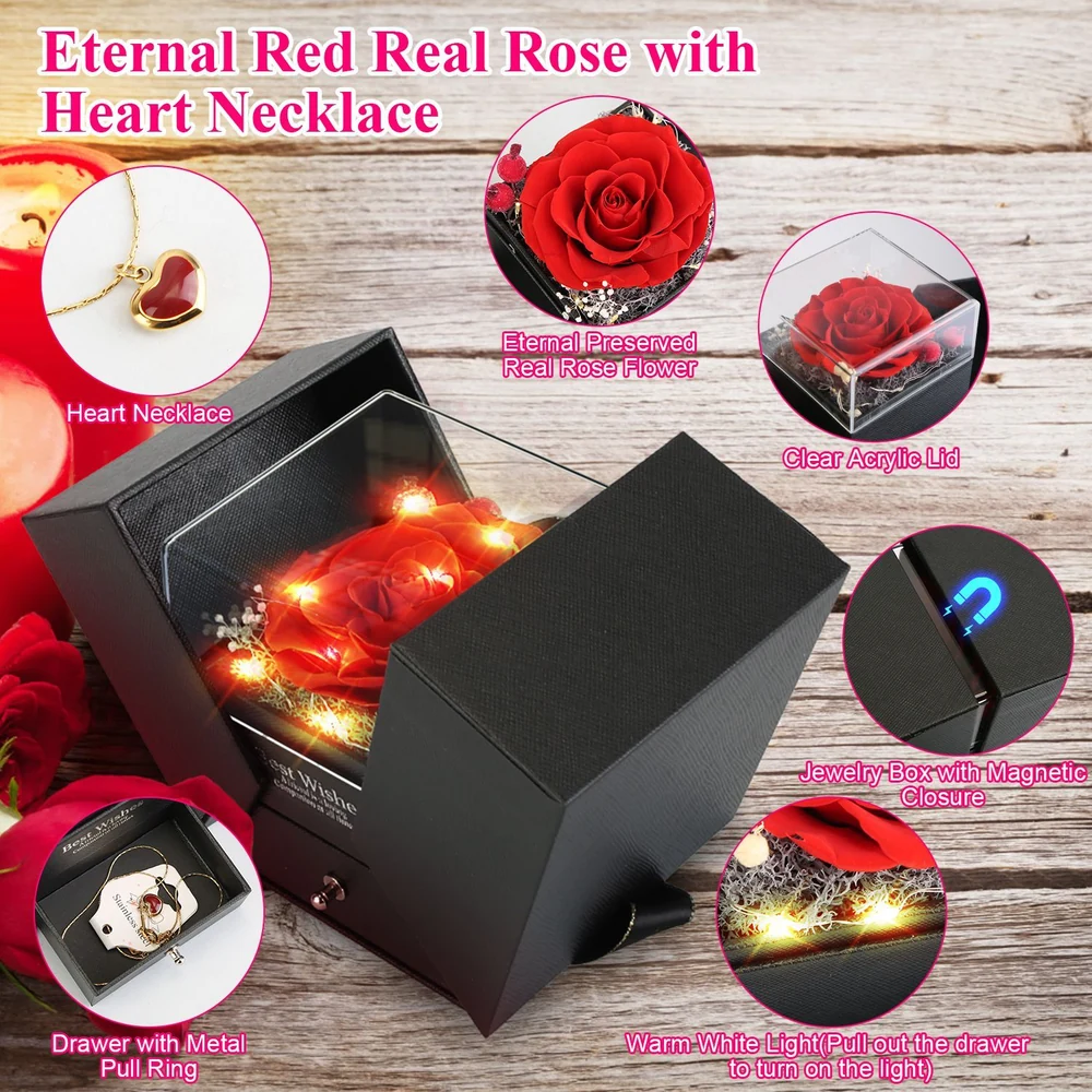 Eternal preserved red rose with a heart-shaped necklace in a stylish black jewelry box featuring a clear acrylic lid, magnetic closure, and warm LED lights for an elegant display.