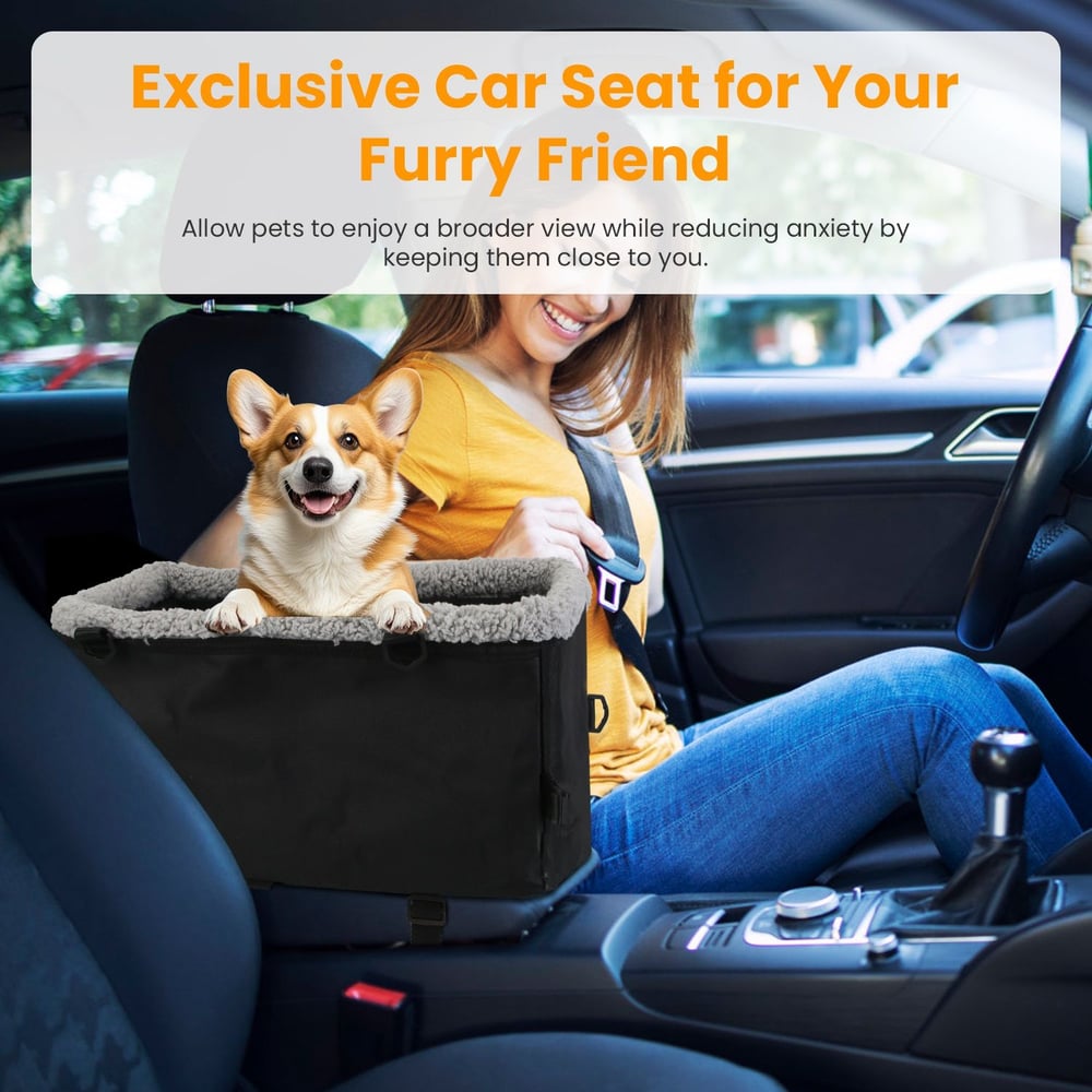 Car seat for dogs with a happy corgi, designed to reduce anxiety and keep pets secure while traveling.