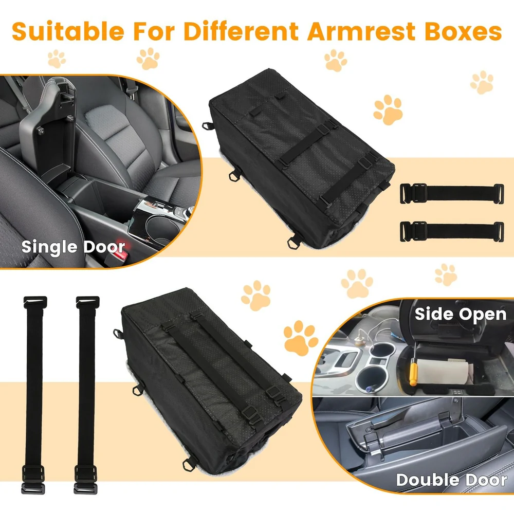 Car armrest storage organizer, suitable for single and double door armrests, featuring adjustable straps and versatile side openings for easy access.