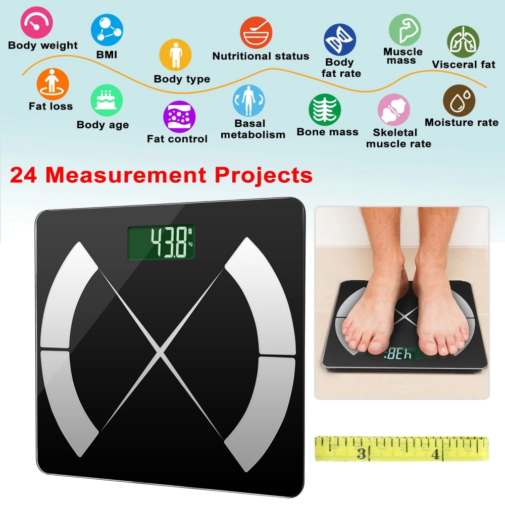 Digital body weight scale displaying 43.8 kg, featuring 24 measurement projects including BMI, body fat rate, muscle mass, and hydration level, with feet positioned on the scale for size reference.