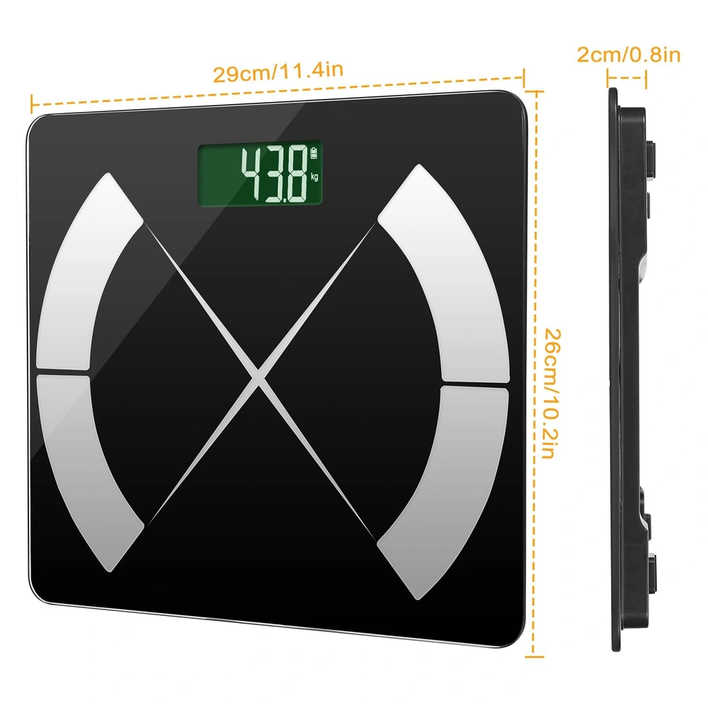 Digital bathroom scale with a sleek black design and clear LCD display showing weight in kilograms, measuring 29cm x 26cm x 2cm.
