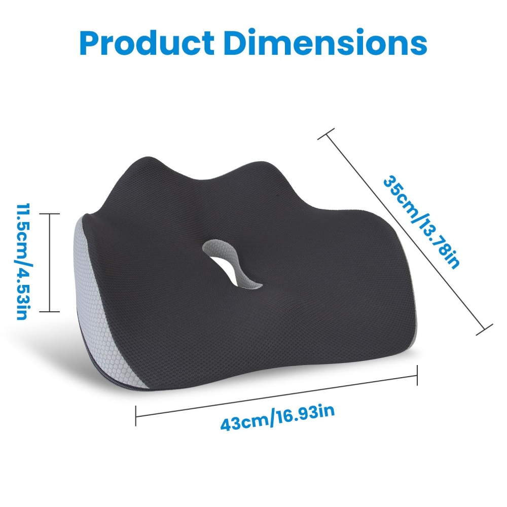 Memory foam seat cushion with ergonomic design, dimensions 43cm x 35cm x 11.5cm, ideal for posture support and comfort.