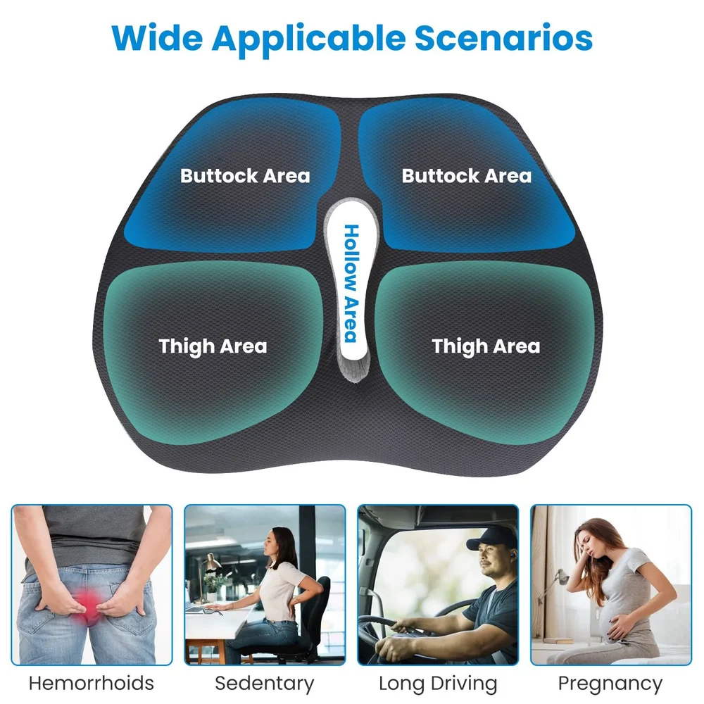 Cushioned seat pad design with labeled 'Buttock Area,' 'Thigh Area,' and 'Hollow Area' sections, suitable for providing comfort during long sitting periods, addressing hemorrhoids, and supporting pregnant women.