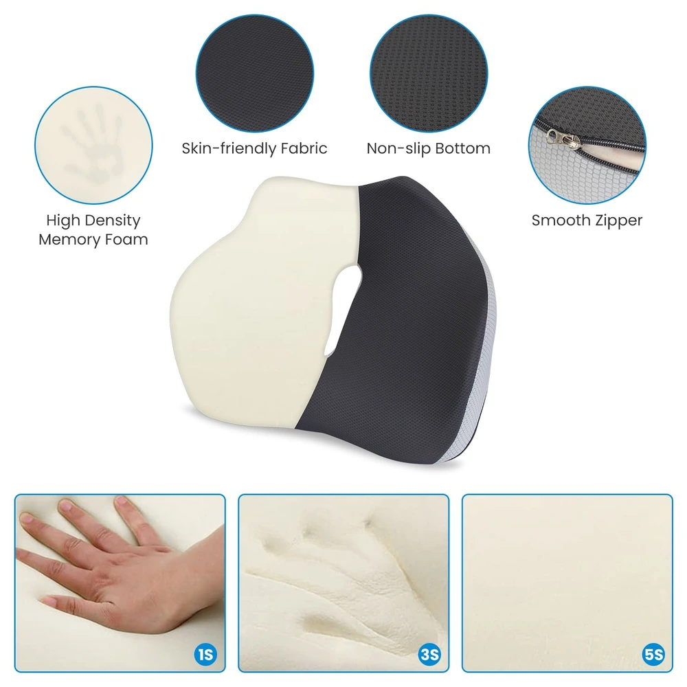 High-density memory foam ergonomic seat cushion with skin-friendly fabric, non-slip bottom, and smooth zipper, ideal for comfort and support.