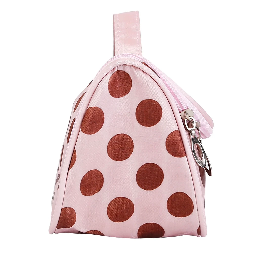 Pink polka dot cosmetic bag with a triangular shape and a zipper closure, featuring a sturdy handle for easy carrying.